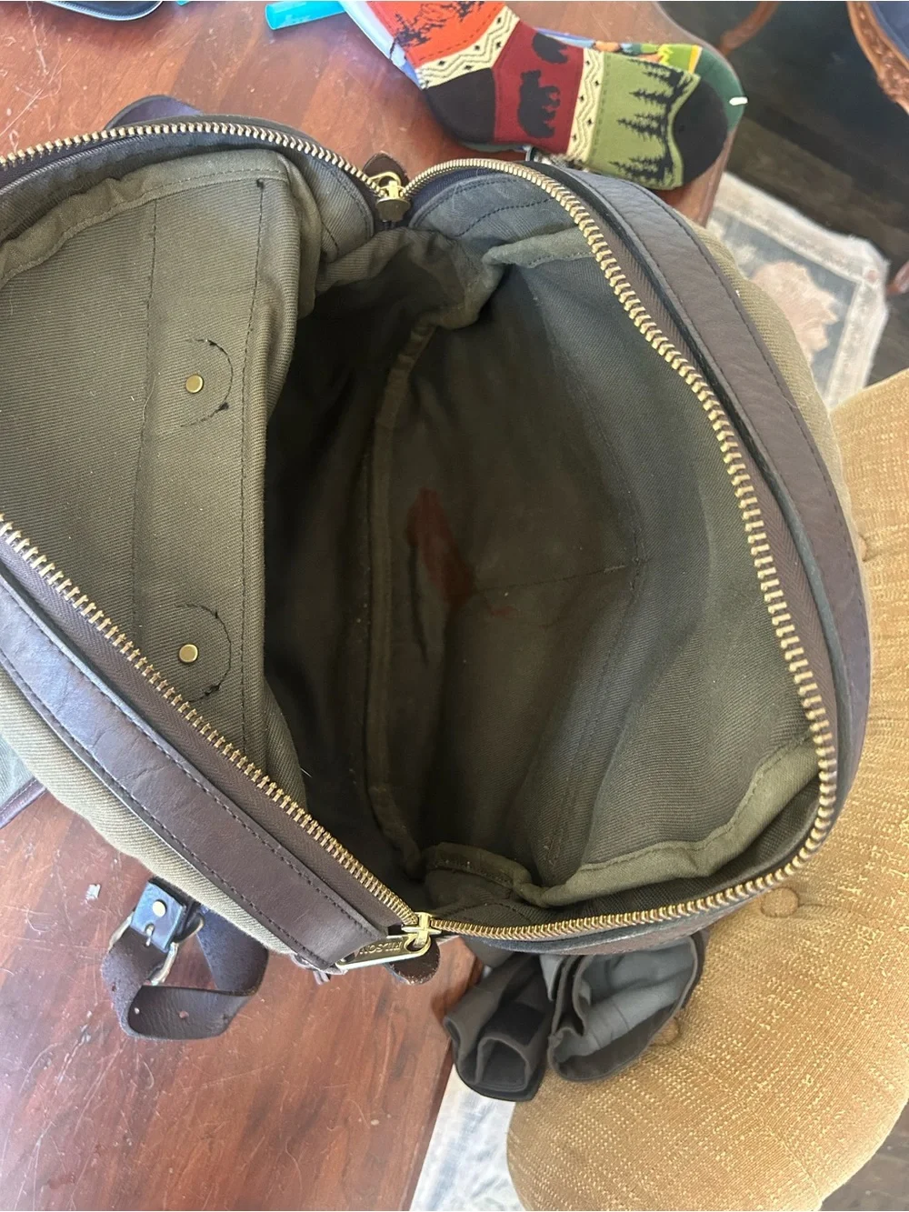 Filson Olive Green Canvas Backpack with Brown Leather Trim